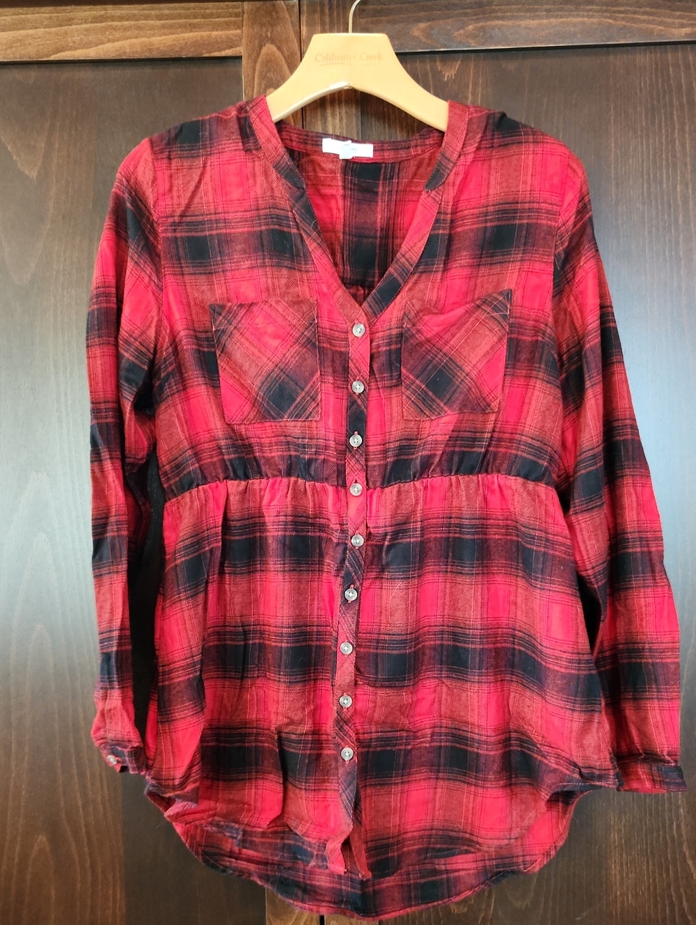 Maurices Red and Black Plaid Peplum Button-Up Tunic
